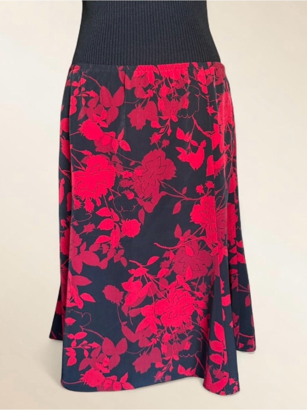 Y2K Red Black Floral Midi Skirt 14 Petite Whimsigoth Dark Romantic Vintage